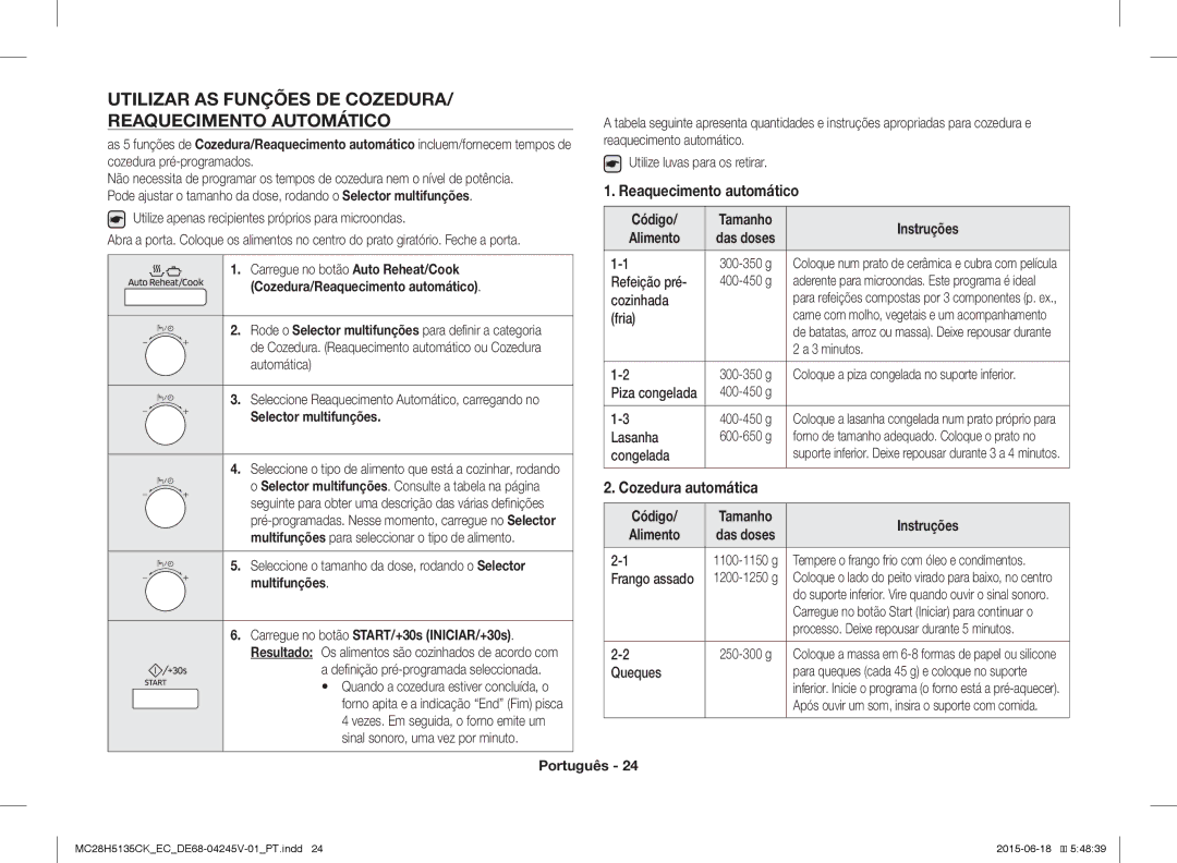 Samsung MC28H5135CK/EC manual Utilizar AS Funções DE Cozedura Reaquecimento Automático, Reaquecimento automático 