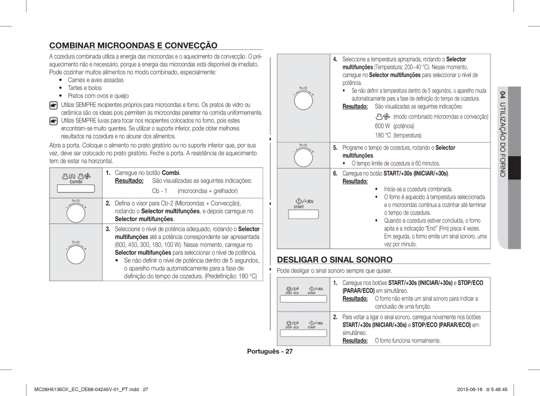 Samsung MC28H5135CK/EC manual Combinar Microondas E Convecção, Desligar O Sinal Sonoro 