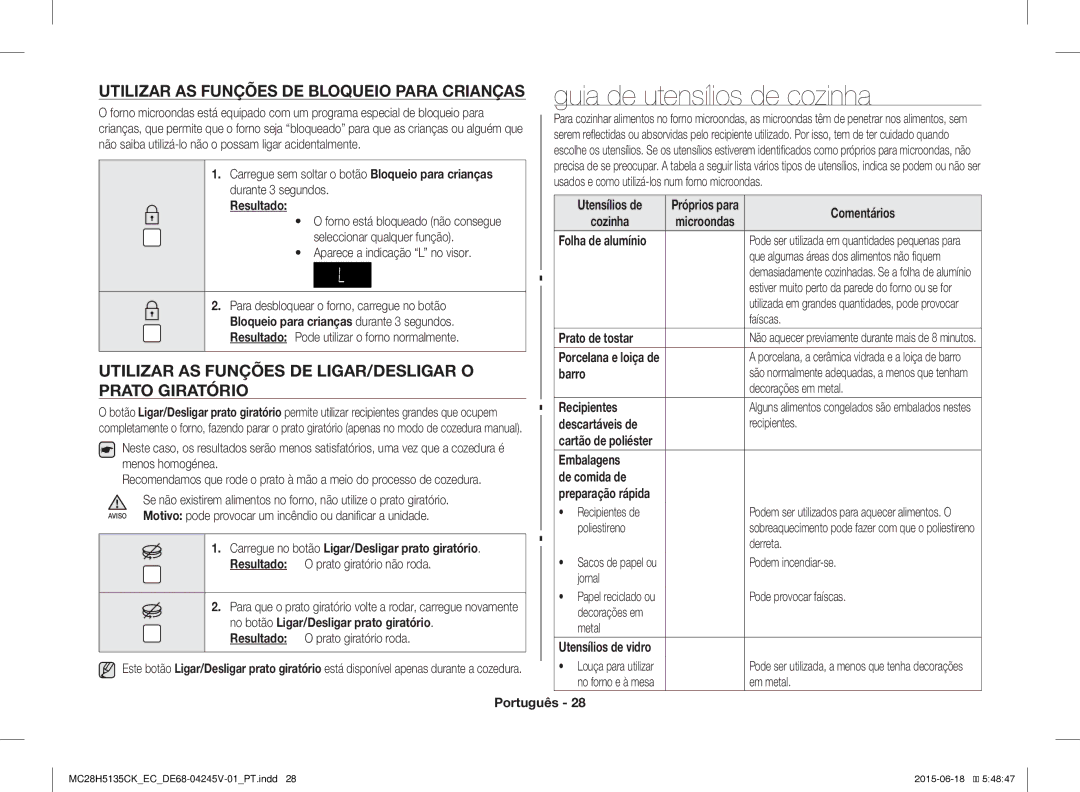 Samsung MC28H5135CK/EC manual Guia de utensílios de cozinha, Utilizar AS Funções DE Bloqueio Para Crianças 