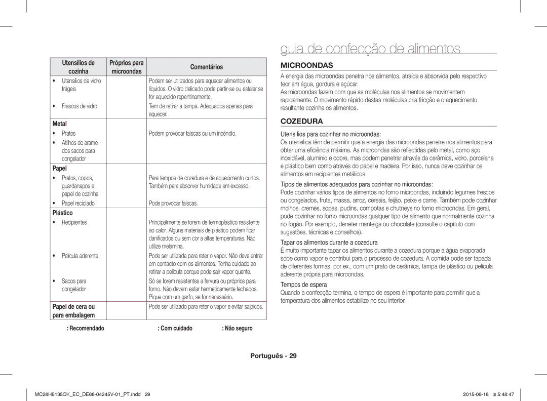 Samsung MC28H5135CK/EC manual Guia de confecção de alimentos, Cozedura, Não seguro 