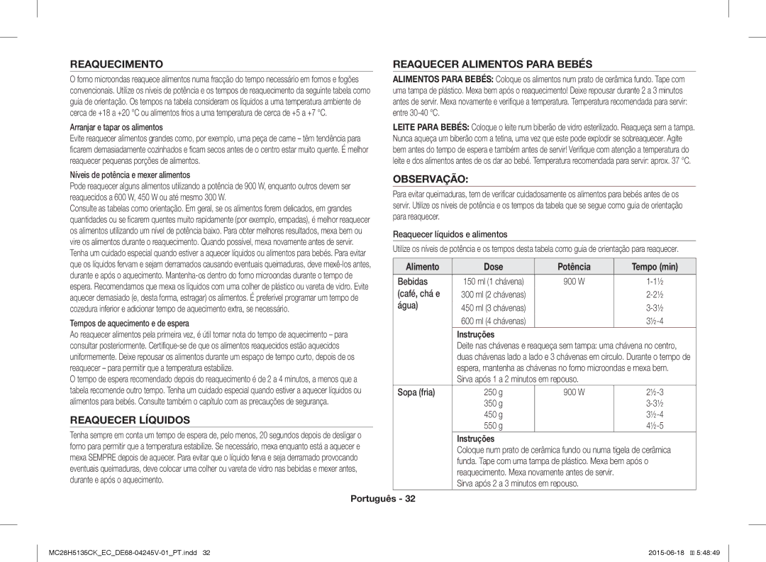 Samsung MC28H5135CK/EC manual Reaquecimento Reaquecer Alimentos Para Bebés, Observação, Reaquecer Líquidos 