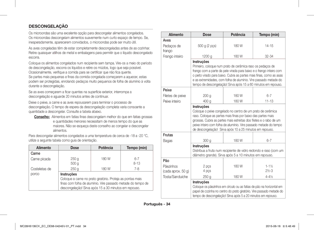 Samsung MC28H5135CK/EC manual Descongelação 