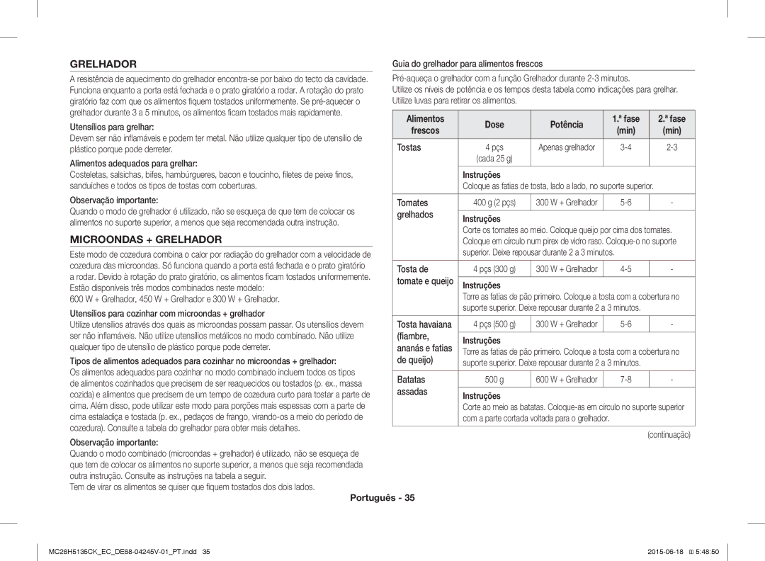 Samsung MC28H5135CK/EC manual Microondas + Grelhador, Guia DE Confecção DE Alimentos 