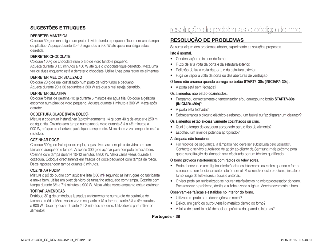 Samsung MC28H5135CK/EC manual Resolução de problemas e código de erro, Resolução DE Problemas, Sugestões E Truques 