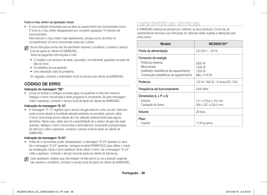 Samsung MC28H5135CK/EC Características técnicas, Código DE Erro, Indicação da mensagem SE, Indicação da mensagem E-12 