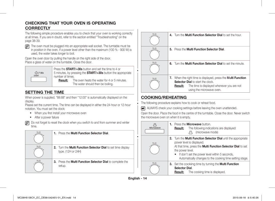 Samsung MC28H5135CK/EC manual Checking That Your Oven is Operating Correctly, Setting the Time, Cooking/Reheating 