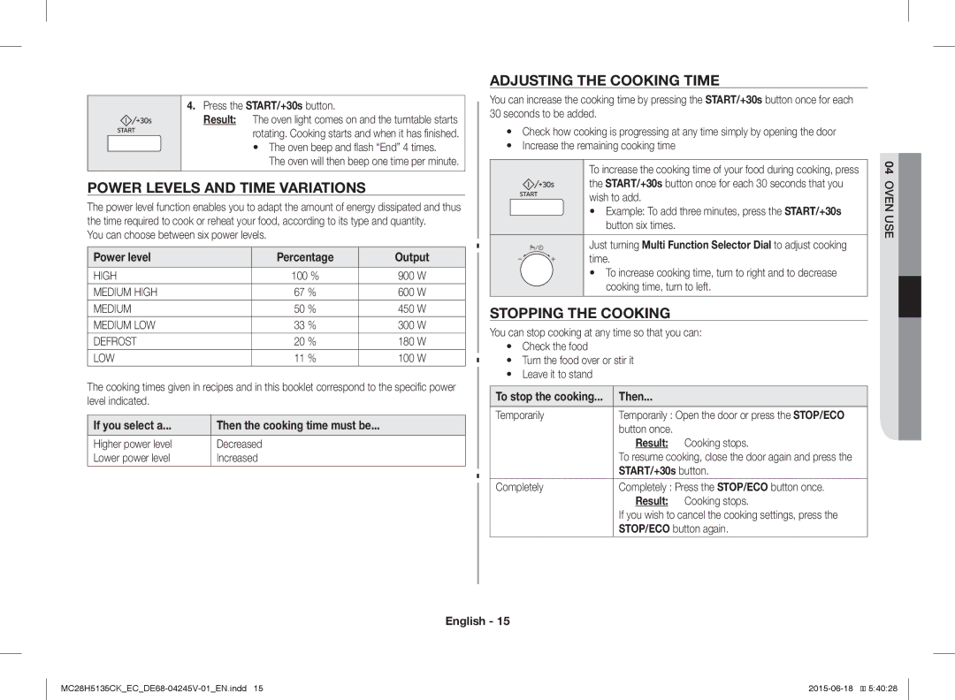 Samsung MC28H5135CK/EC manual Power Levels and Time Variations, Adjusting the Cooking Time, Stopping the Cooking 