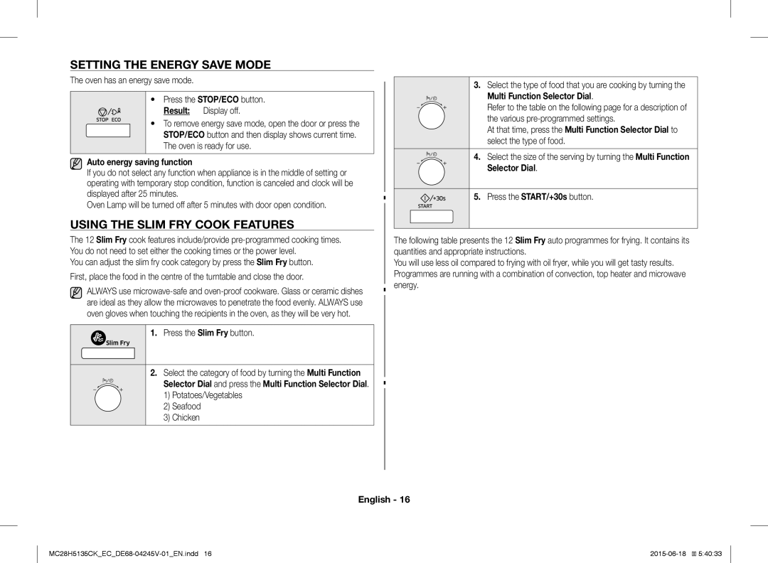 Samsung MC28H5135CK/EC manual Setting the Energy Save Mode, Using the Slim FRY Cook Features, Auto energy saving function 