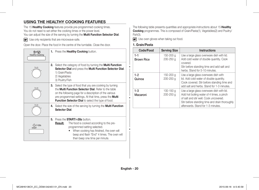 Samsung MC28H5135CK/EC manual Using the Healthy Cooking Features, Grain/Pasta, Press the Healthy Cooking button 