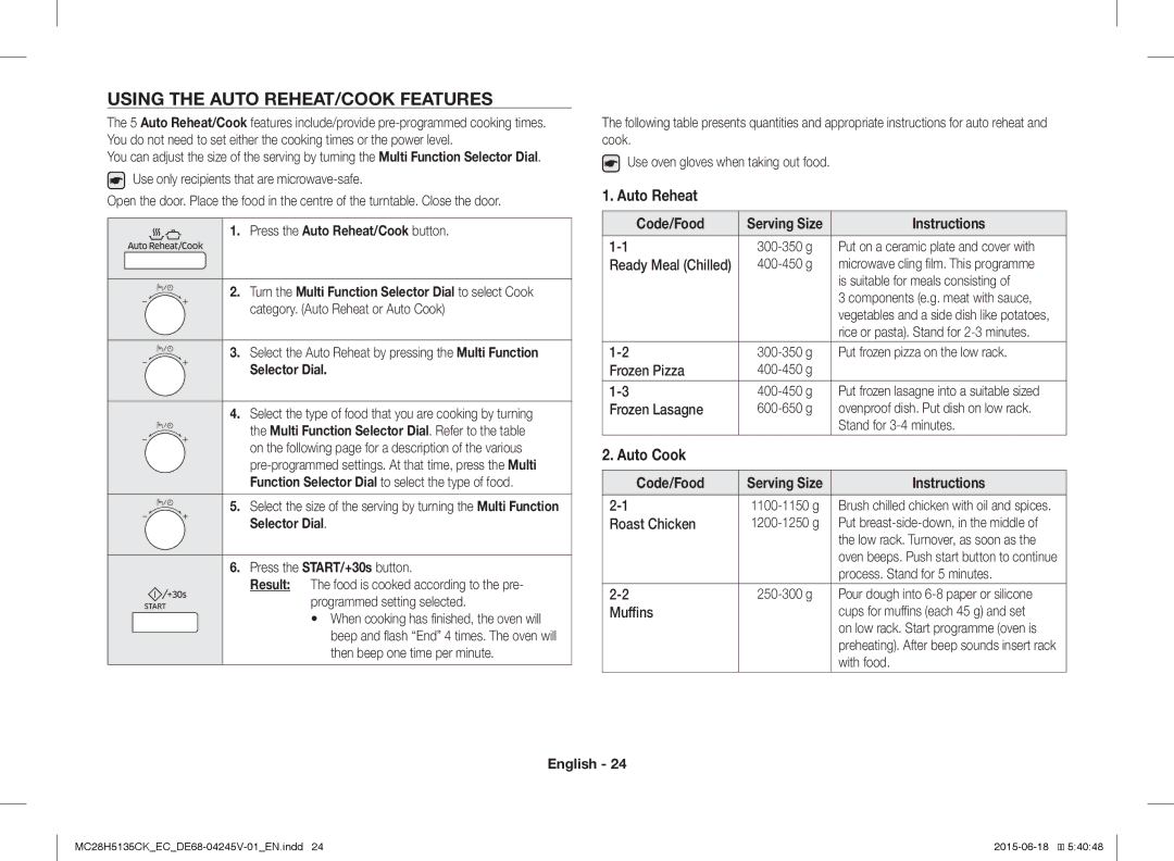 Samsung MC28H5135CK/EC manual Using the Auto REHEAT/COOK Features, Auto Cook, Press the Auto Reheat/Cook button 