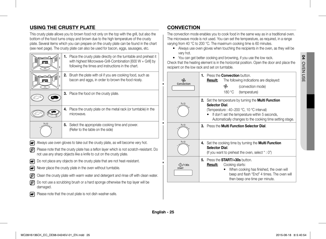 Samsung MC28H5135CK/EC manual Using the Crusty Plate, Convection, Temperature 40~200 C, 10 C interval 