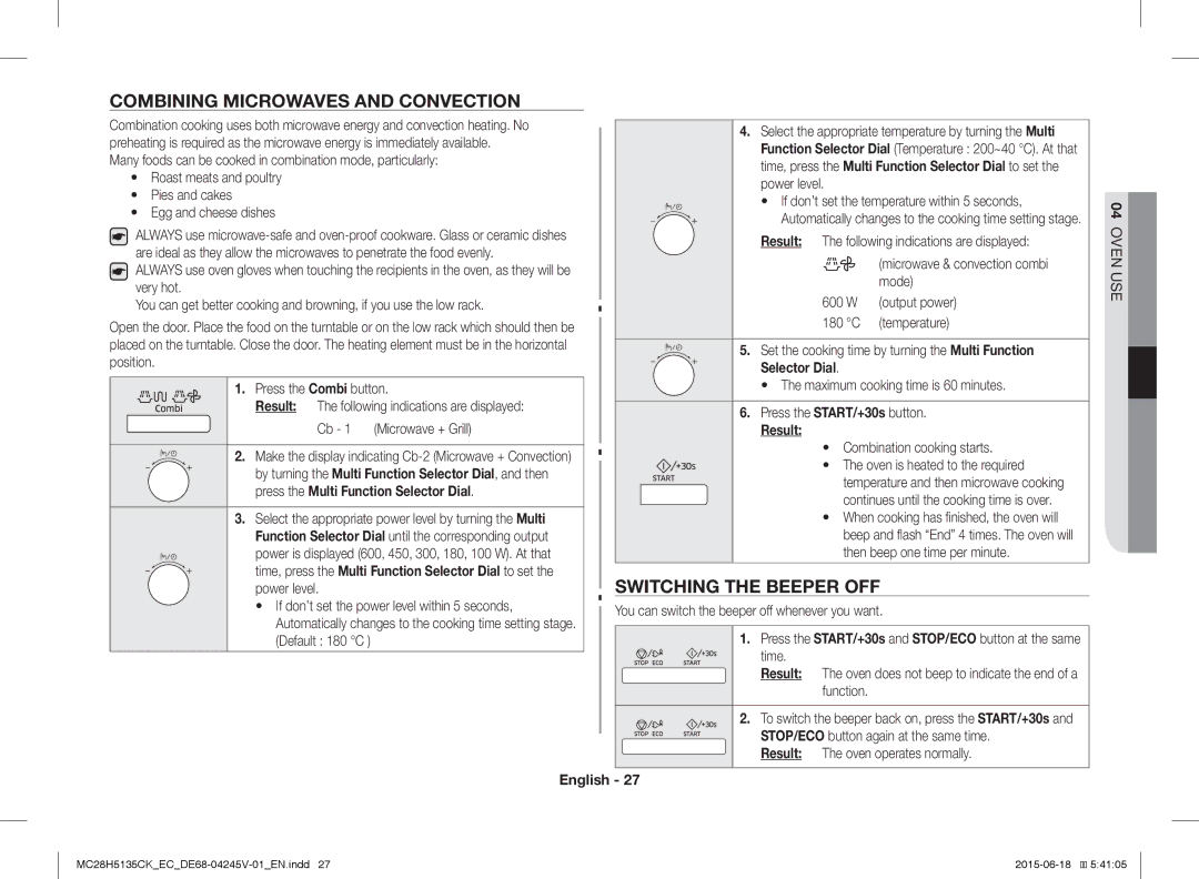 Samsung MC28H5135CK/EC manual Combining Microwaves and Convection, Switching the Beeper OFF, Default 180 C 