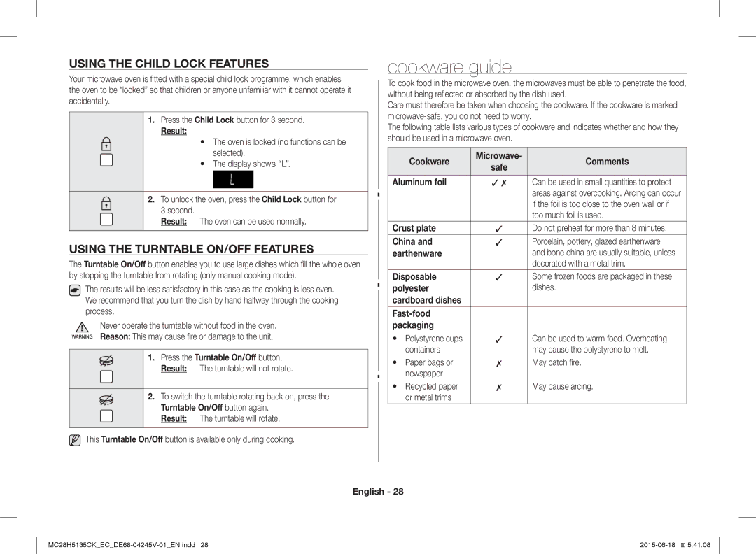 Samsung MC28H5135CK/EC manual Cookware guide, Using the Child Lock Features, Using the Turntable ON/OFF Features 