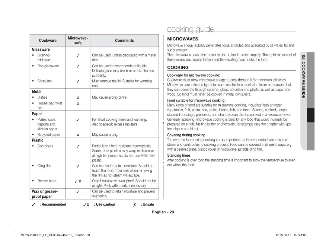 Samsung MC28H5135CK/EC manual Cooking guide, Microwaves 