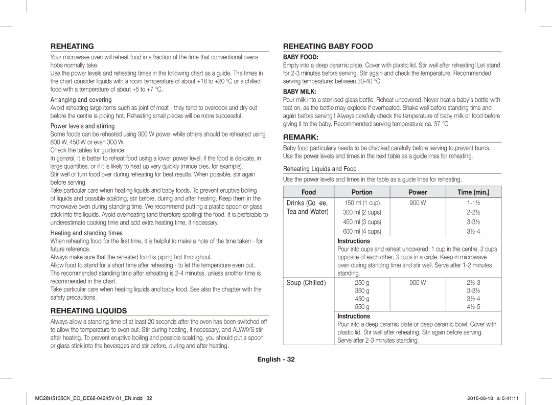 Samsung MC28H5135CK/EC manual Reheating Reheating Baby Food, Remark, Reheating Liquids 