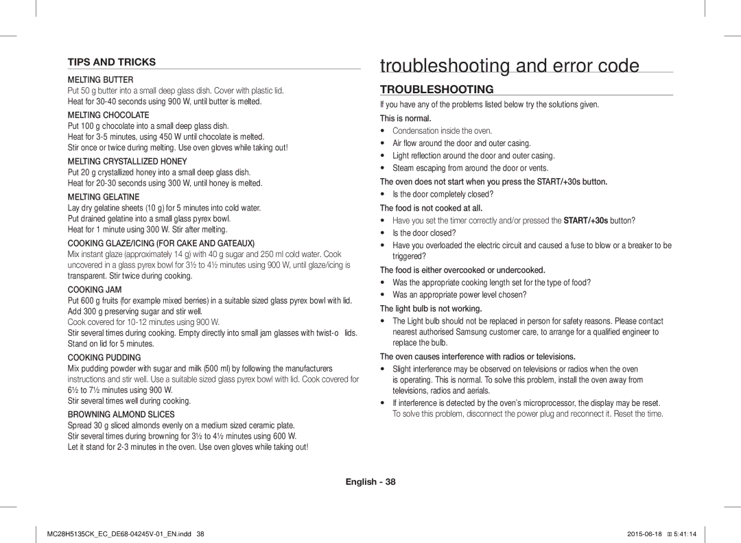 Samsung MC28H5135CK/EC manual Troubleshooting and error code, Tips and Tricks 