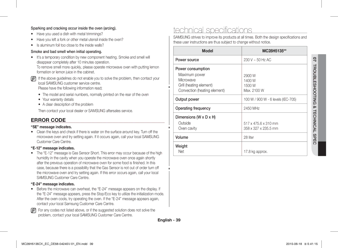 Samsung MC28H5135CK/EC Technical specifications, Error Code, SE message indicates, Message indicates, Model MC28H5135 