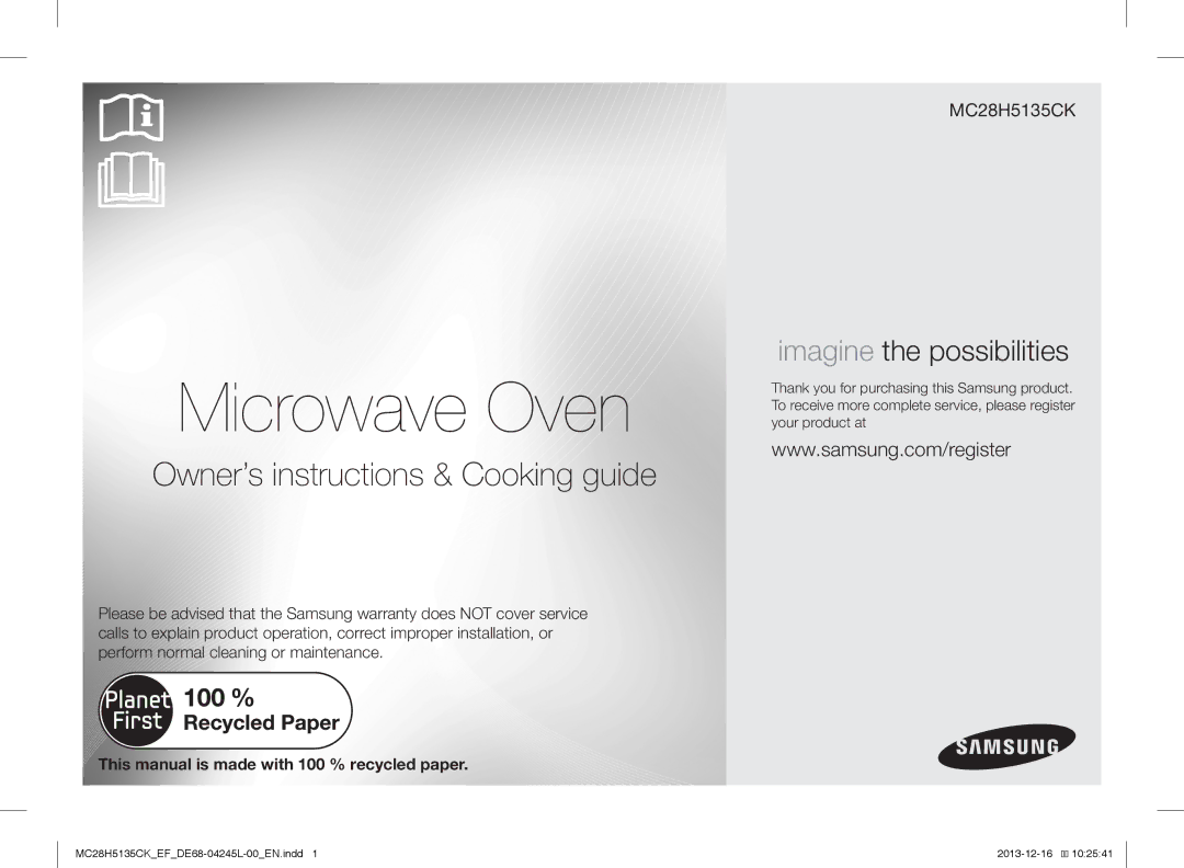 Samsung MC28H5135CK/EF manual Microwave Oven, This manual is made with 100 % recycled paper 