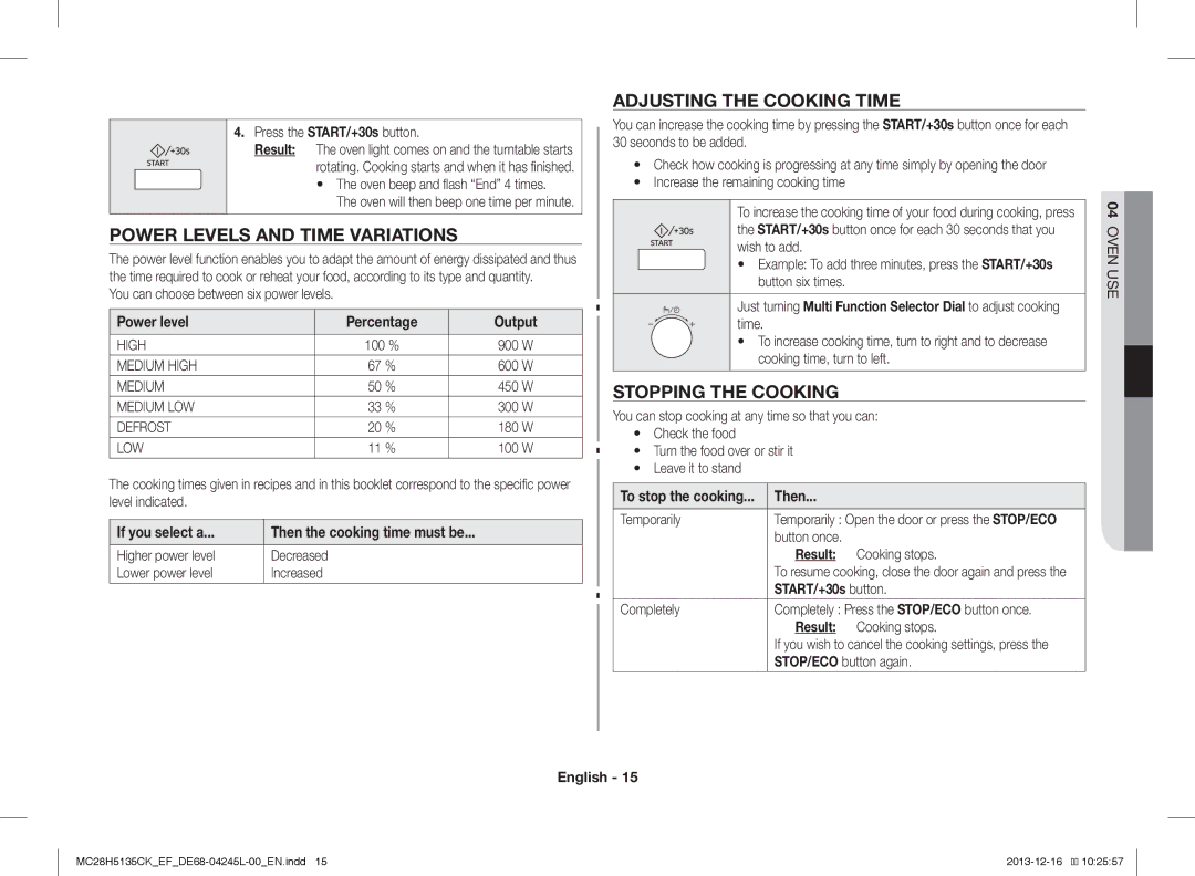 Samsung MC28H5135CK/EF manual Power Levels and Time Variations, Adjusting the Cooking Time, Stopping the Cooking 