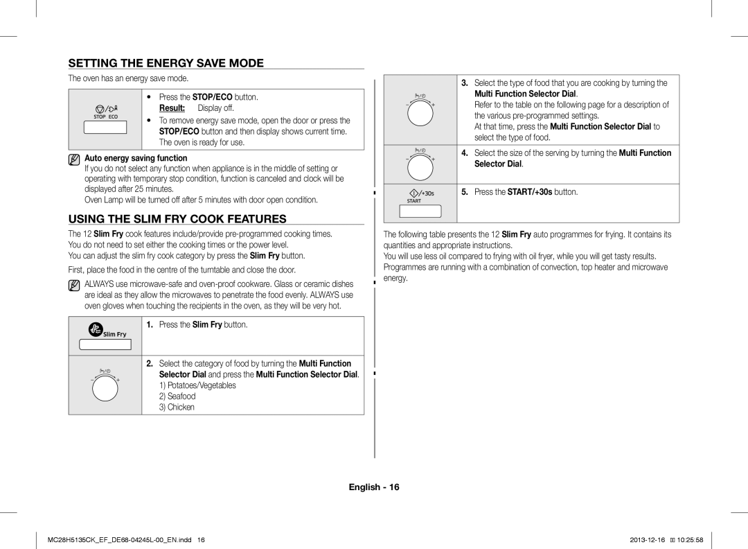 Samsung MC28H5135CK/EF manual Setting the Energy Save Mode, Using the Slim FRY Cook Features, Auto energy saving function 