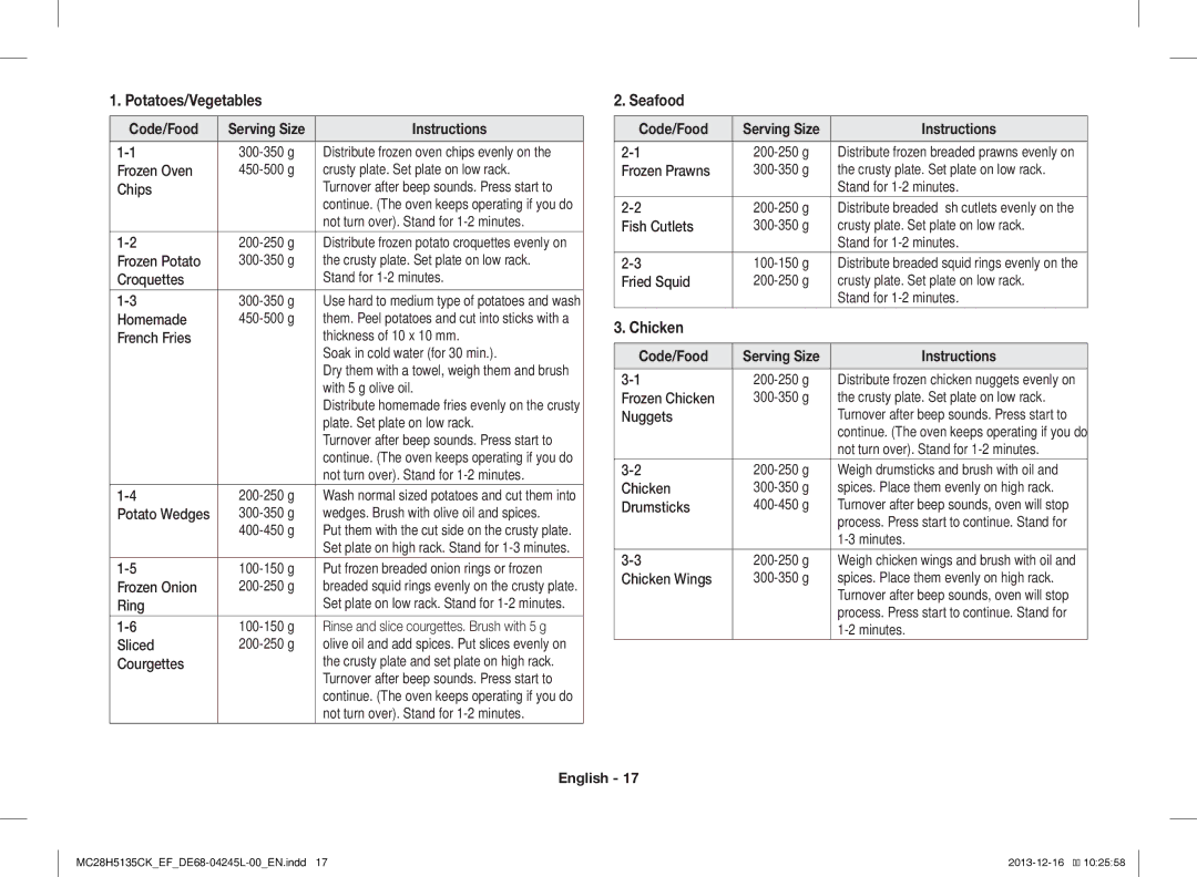 Samsung MC28H5135CK/EF manual Potatoes/Vegetables, Seafood, Chicken, Code/Food, Instructions 