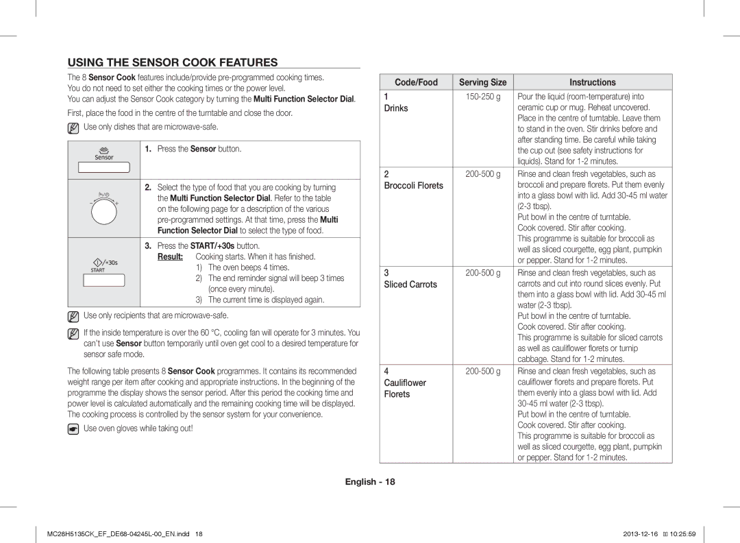 Samsung MC28H5135CK/EF manual Using the Sensor Cook Features 