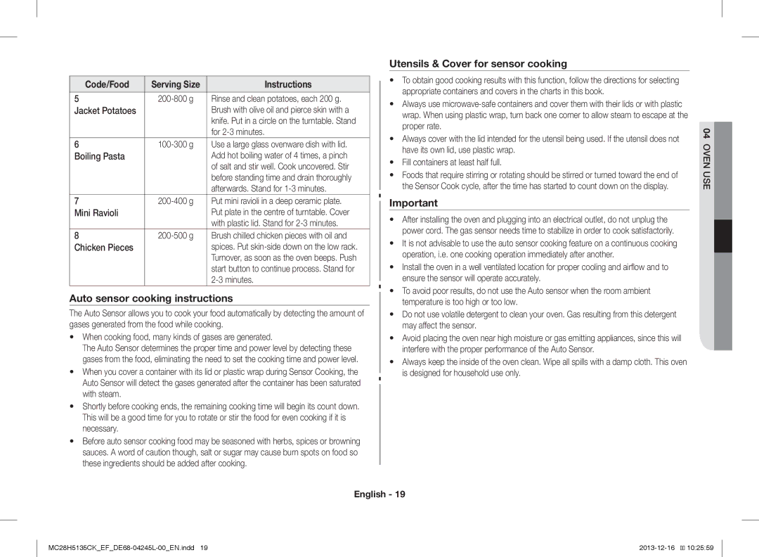 Samsung MC28H5135CK/EF manual Auto sensor cooking instructions, Utensils & Cover for sensor cooking 