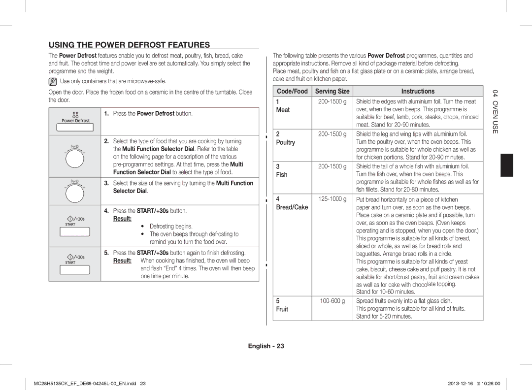 Samsung MC28H5135CK/EF manual Using the Power Defrost Features, Press the Power Defrost button, Code/Food Serving Size 