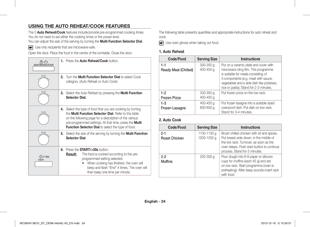 Samsung MC28H5135CK/EF manual Using the Auto REHEAT/COOK Features, Auto Cook, Press the Auto Reheat/Cook button 