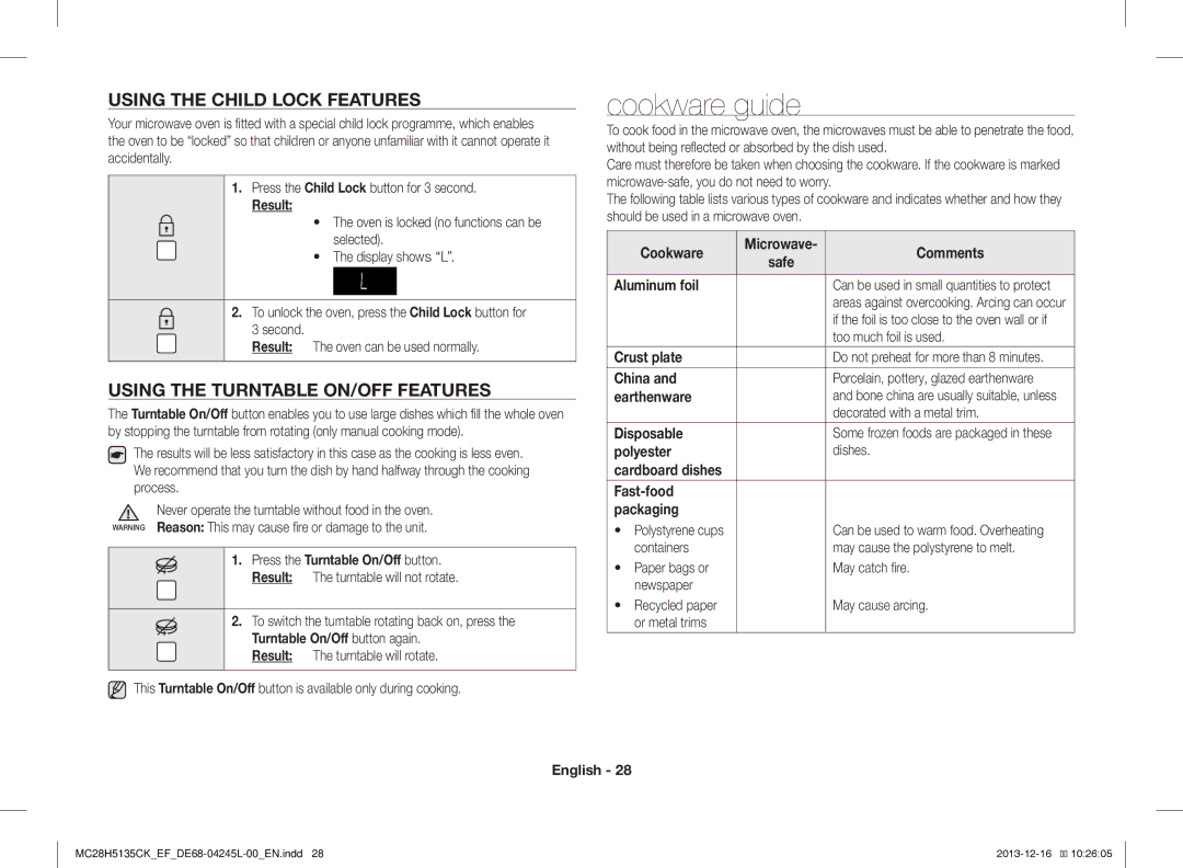 Samsung MC28H5135CK/EF manual Cookware guide, Using the Child Lock Features, Using the Turntable ON/OFF Features 