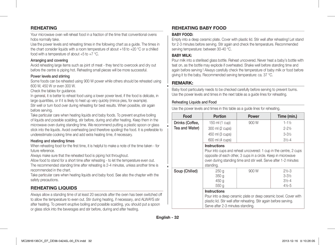 Samsung MC28H5135CK/EF manual Reheating Reheating Baby Food, Remark, Reheating Liquids 