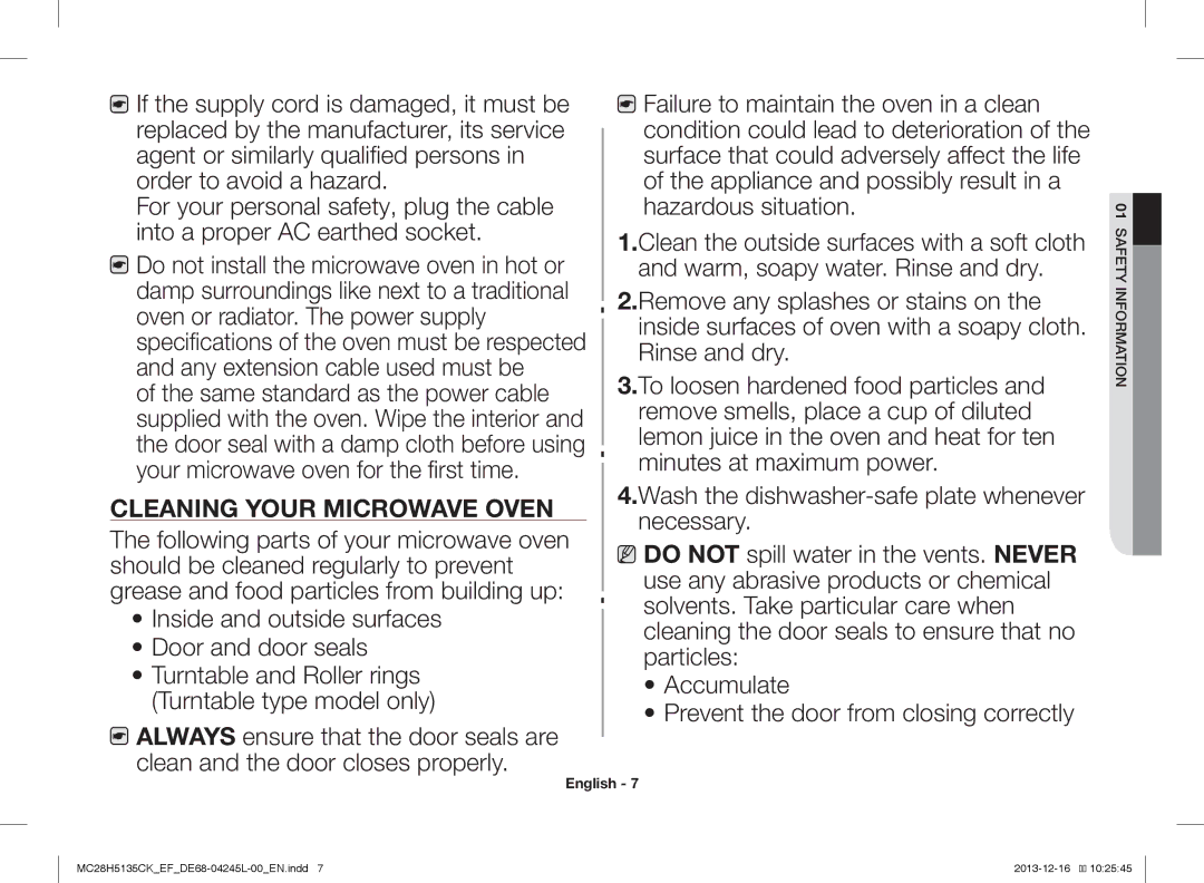 Samsung MC28H5135CK/EF manual Cleaning Your Microwave Oven 