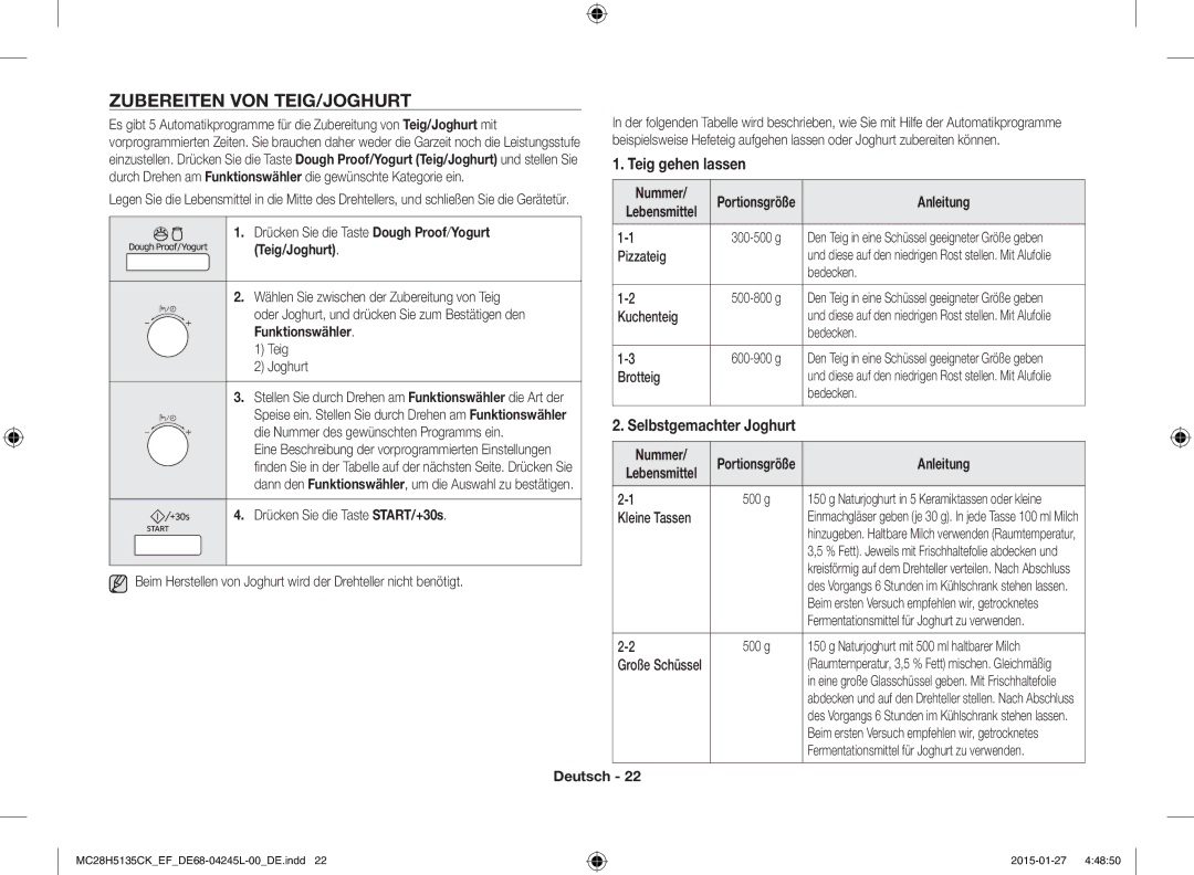 Samsung MC28H5135CK/EF manual Zubereiten VON TEIG/JOGHURT, Teig gehen lassen, Selbstgemachter Joghurt 