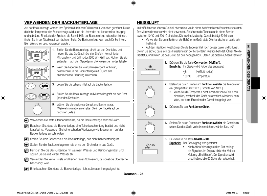 Samsung MC28H5135CK/EF manual Verwenden DER Backunterlage, Heissluft 