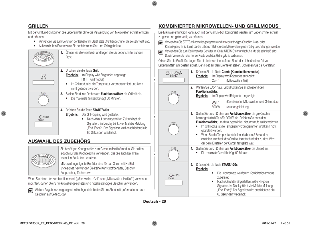 Samsung MC28H5135CK/EF manual Grillen Kombinierter MIKROWELLEN- UND Grillmodus, Auswahl DES Zubehörs 