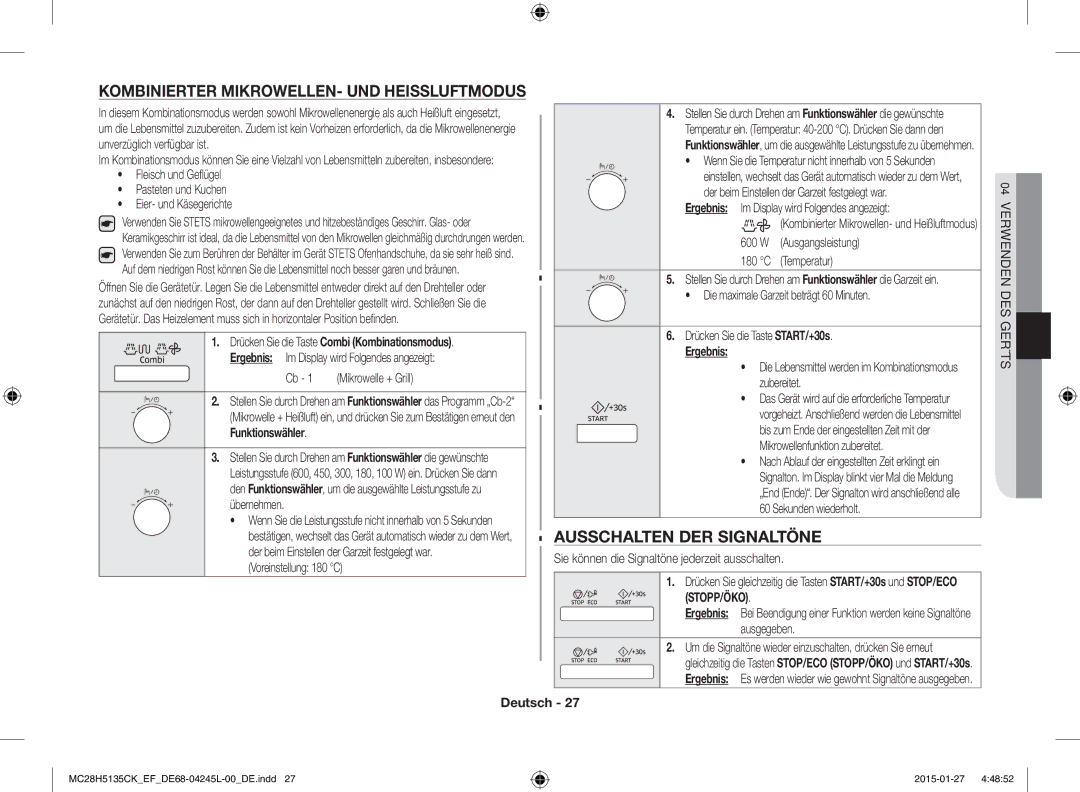 Samsung MC28H5135CK/EF manual Kombinierter MIKROWELLEN- UND Heissluftmodus, Ausschalten DER Signaltöne 