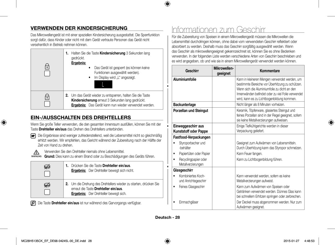 Samsung MC28H5135CK/EF manual Informationen zum Geschirr, Verwenden DER Kindersicherung, EIN-/AUSSCHALTEN DES Drehtellers 