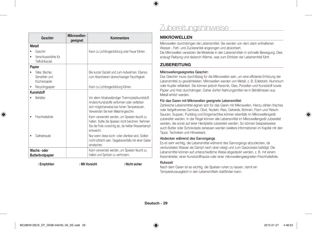 Samsung MC28H5135CK/EF manual Zubereitungshinweise, Mikrowellen 