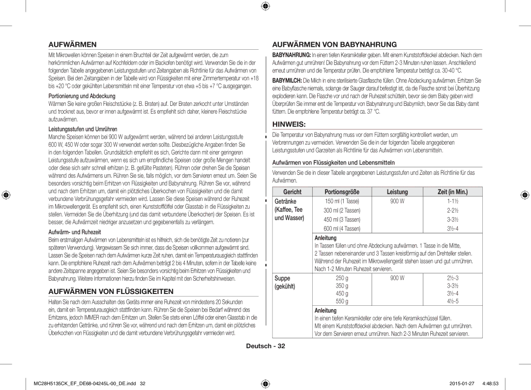 Samsung MC28H5135CK/EF manual Aufwärmen VON Flüssigkeiten, Aufwärmen VON Babynahrung, Hinweis 