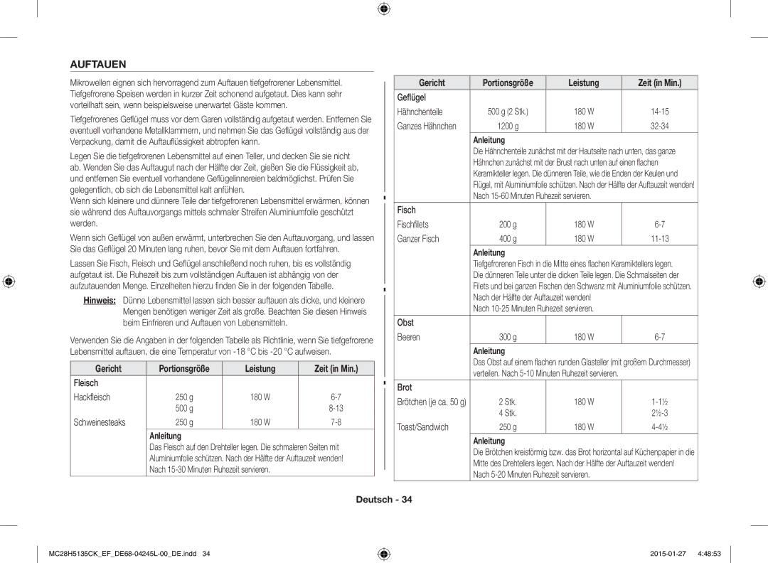 Samsung MC28H5135CK/EF manual Auftauen 