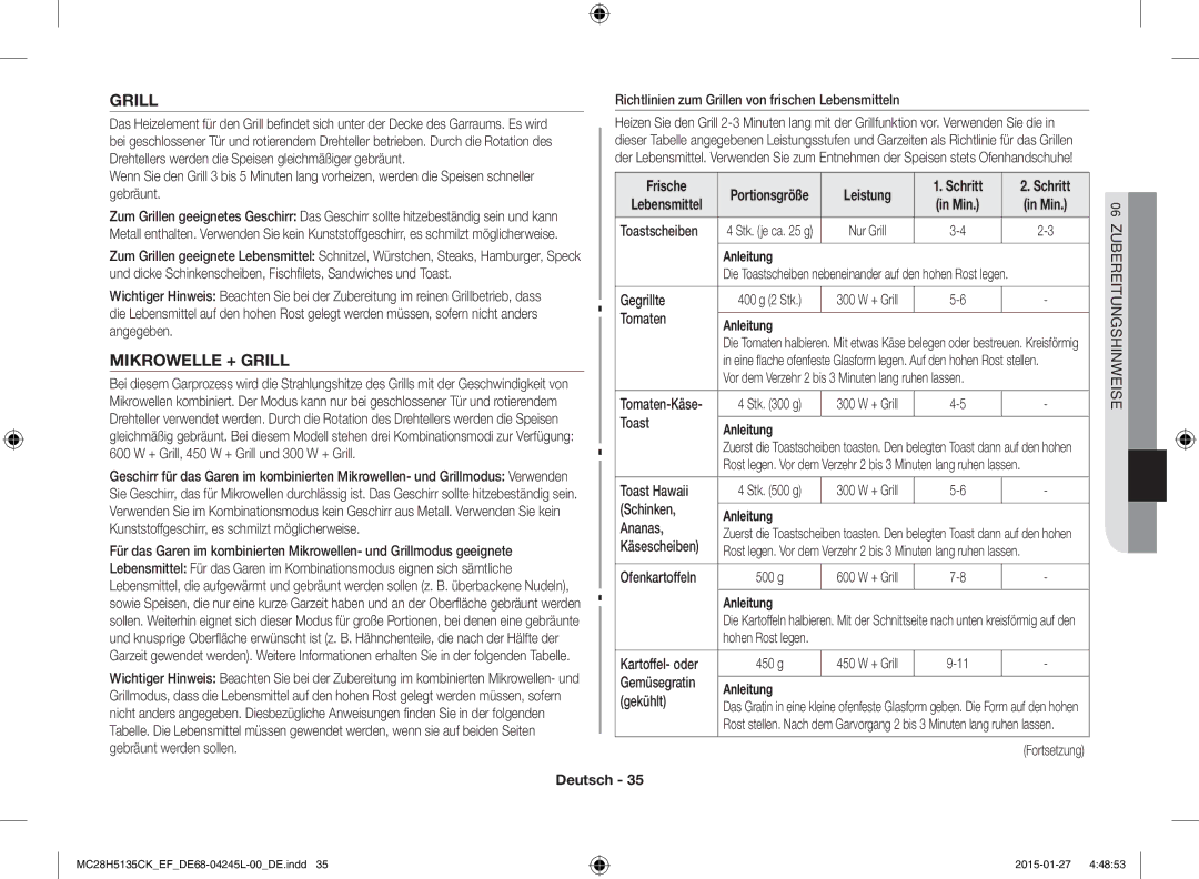 Samsung MC28H5135CK/EF manual Mikrowelle + Grill, Frische, Leistung Schritt, Min 