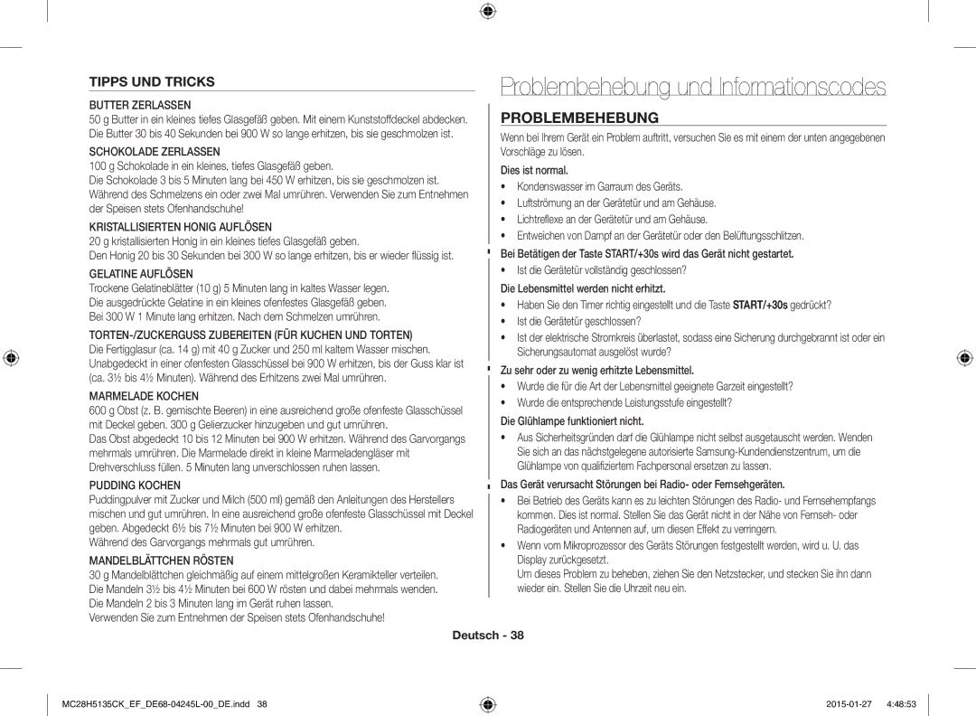 Samsung MC28H5135CK/EF manual Problembehebung und Informationscodes, Tipps UND Tricks 