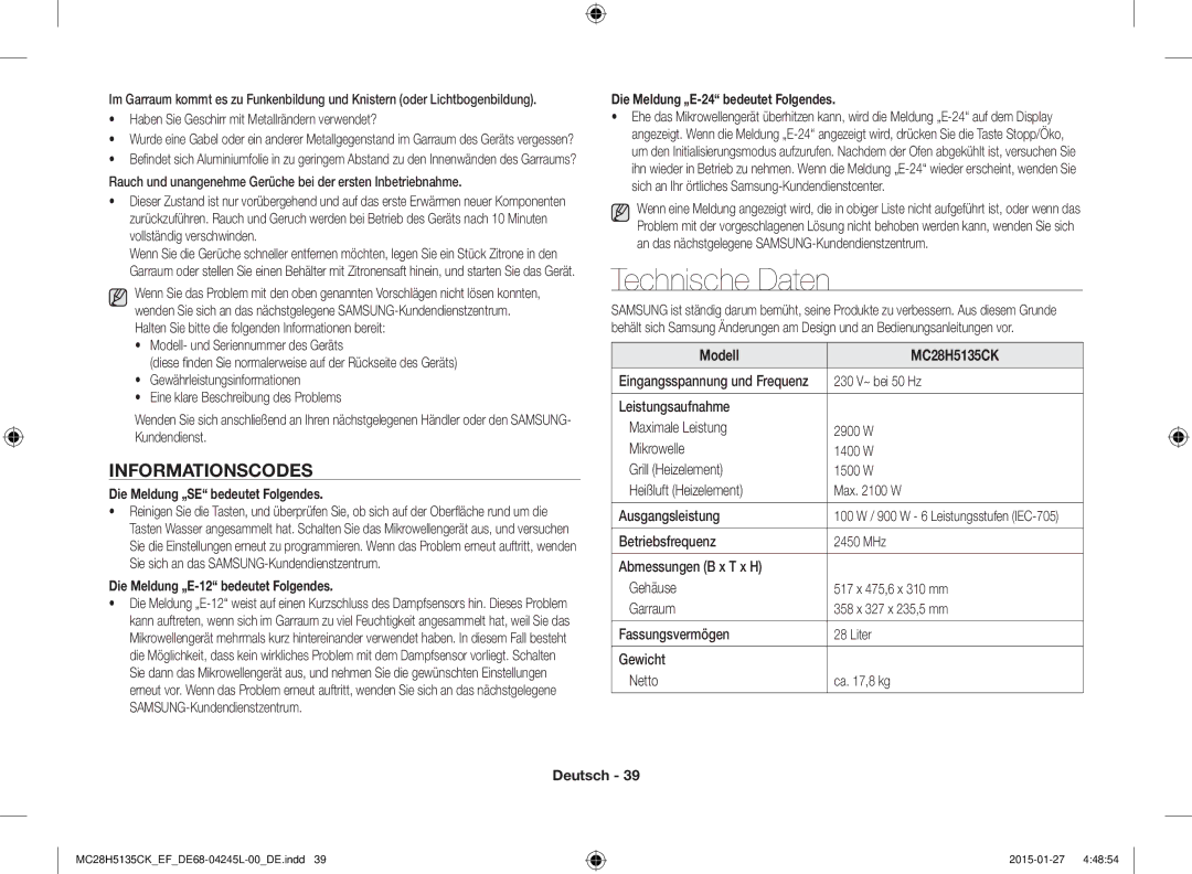 Samsung MC28H5135CK/EF manual Technische Daten, Informationscodes 