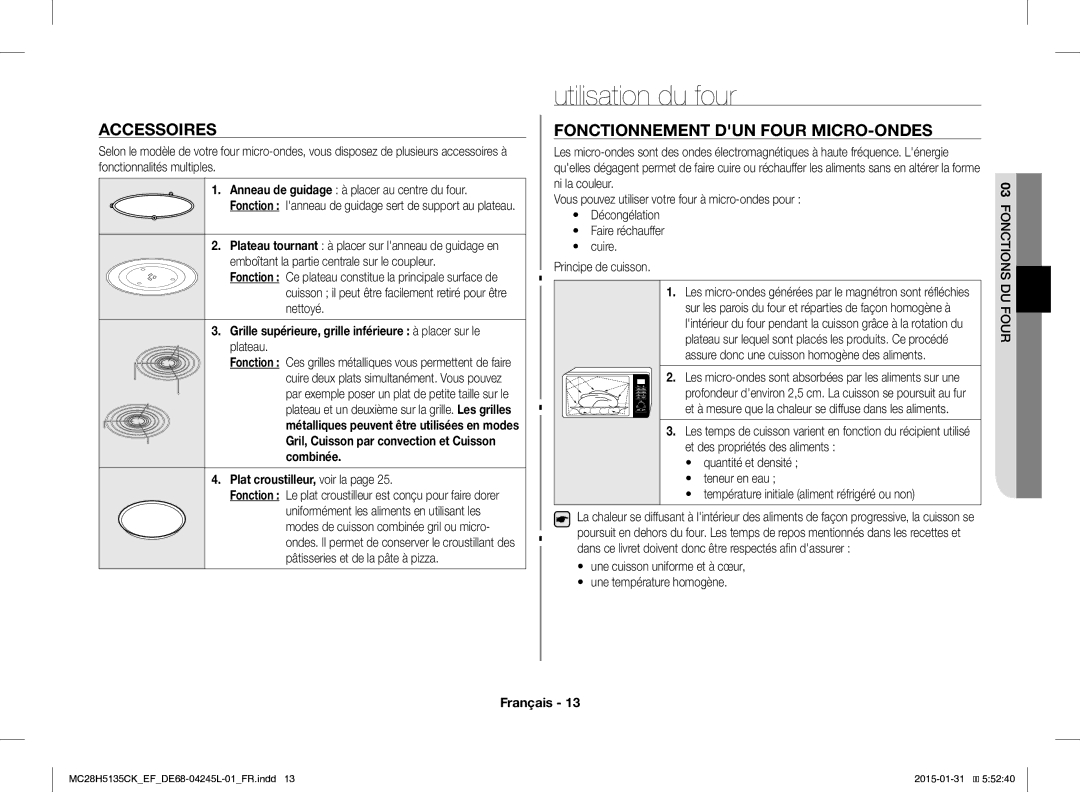 Samsung MC28H5135CK/EF Utilisation du four, Accessoires, Fonctionnement DUN Four MICRO-ONDES, Plat croustilleur, voir la 