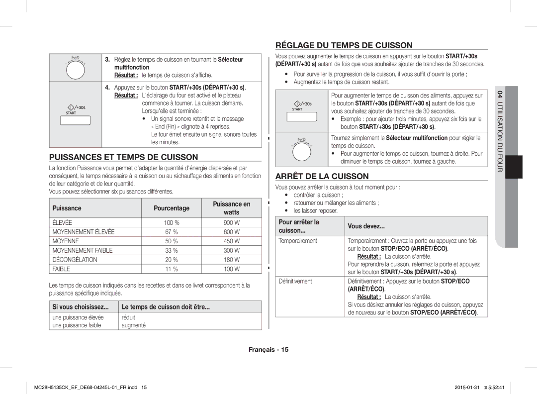 Samsung MC28H5135CK/EF manual Puissances ET Temps DE Cuisson, Réglage DU Temps DE Cuisson, Arrêt DE LA Cuisson 