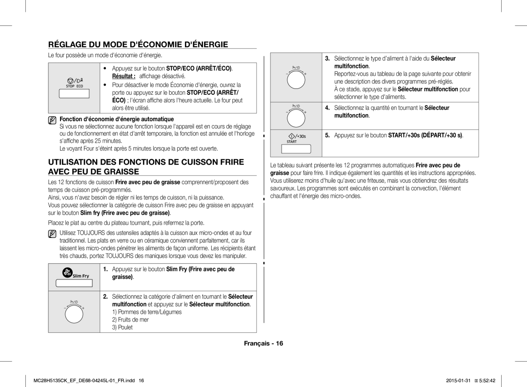 Samsung MC28H5135CK/EF Réglage DU Mode Déconomie Dénergie, Utilisation DES Fonctions DE Cuisson Frire, Avec PEU DE Graisse 