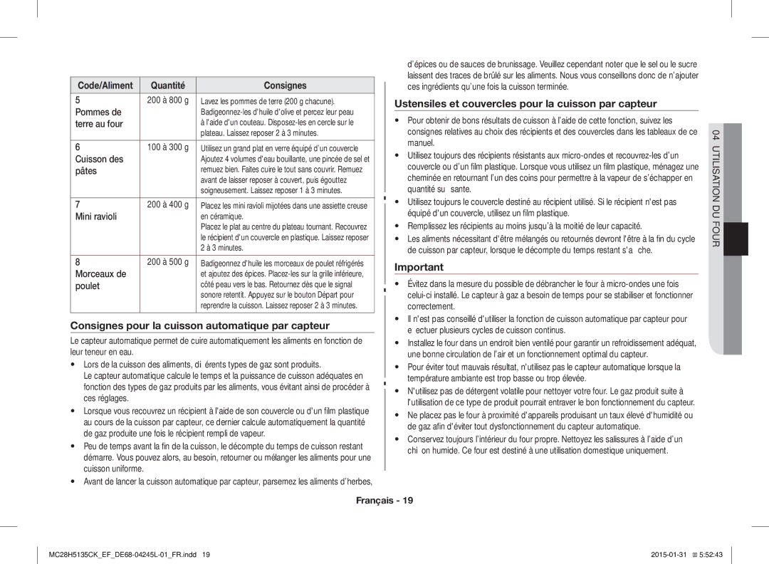 Samsung MC28H5135CK/EF manual Consignes pour la cuisson automatique par capteur 