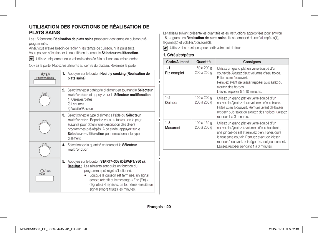 Samsung MC28H5135CK/EF manual Utilisation DES Fonctions DE Réalisation DE Plats Sains, Céréales/pâtes 