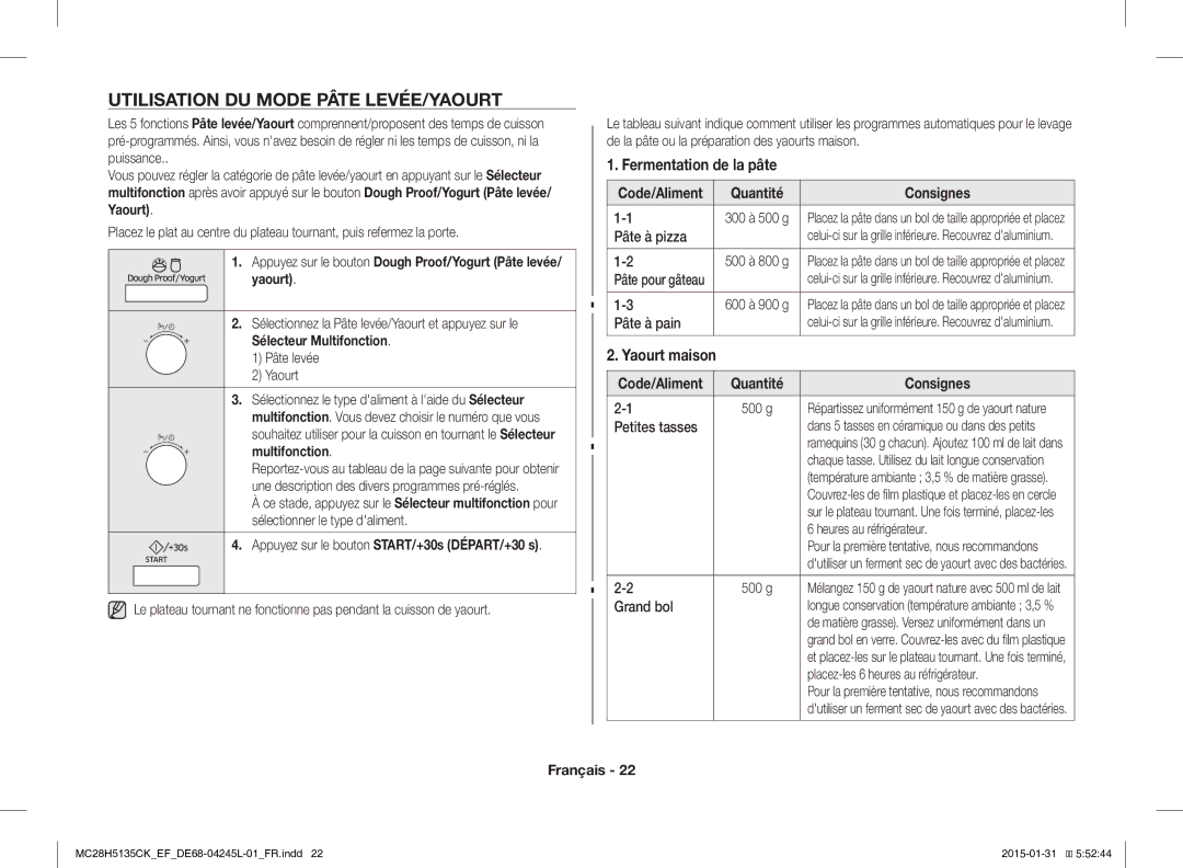 Samsung MC28H5135CK/EF manual Utilisation DU Mode Pâte LEVÉE/YAOURT, Fermentation de la pâte, Yaourt maison 