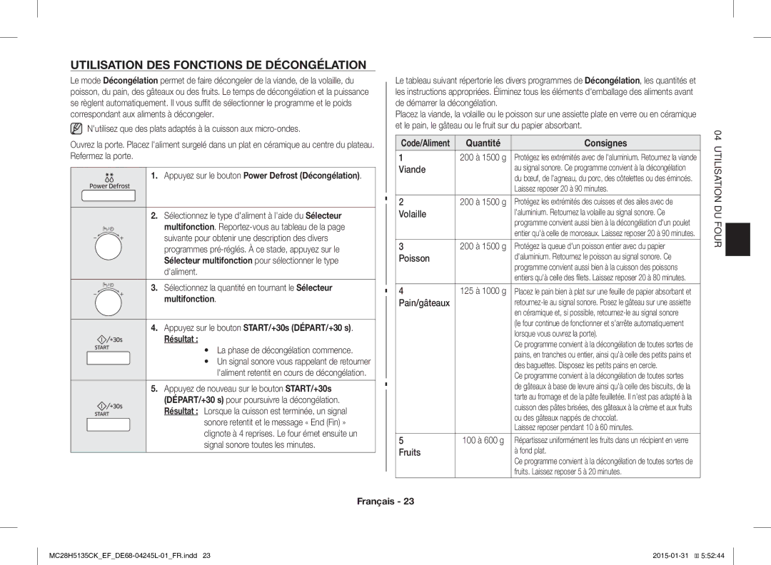 Samsung MC28H5135CK/EF Utilisation DES Fonctions DE Décongélation, Appuyez sur le bouton START/+30s DÉPART/+30 s Résultat 